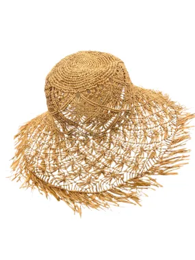 7" Brim Karin Macrame Fringe Straw Hats with Raw Fringe Edge