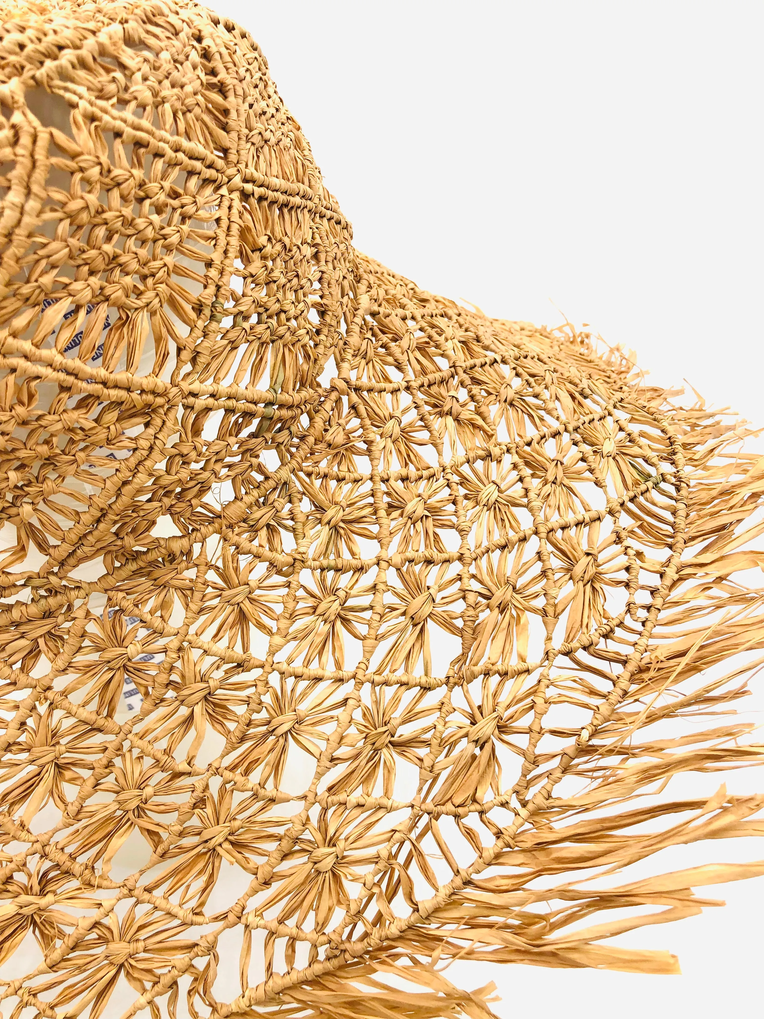 7" Brim Karin Macrame Fringe Straw Hats with Raw Fringe Edge