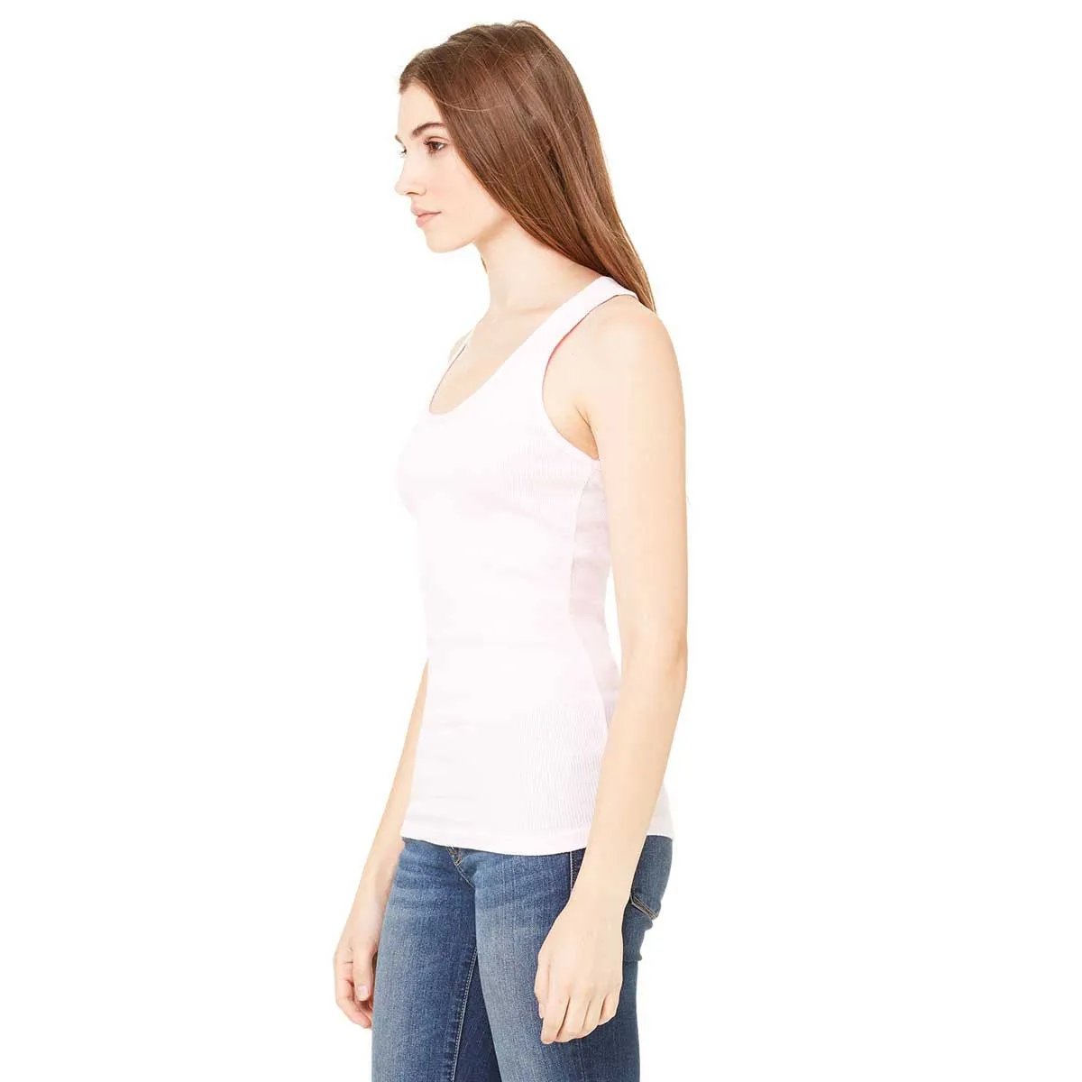 Bella   Canvas Women's Soft Pink 2x1 Rib Racerback Longer Length Tank