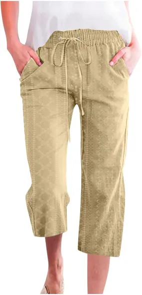 Capri Straight Leg Pants for Women Summer Drawstring Waist Casual Pant Solid Color Loose Lounge Pants with Pockets