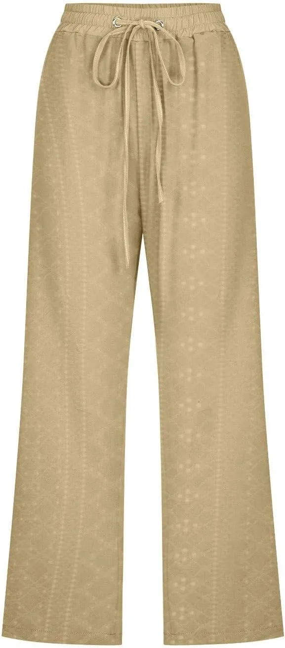 Capri Straight Leg Pants for Women Summer Drawstring Waist Casual Pant Solid Color Loose Lounge Pants with Pockets