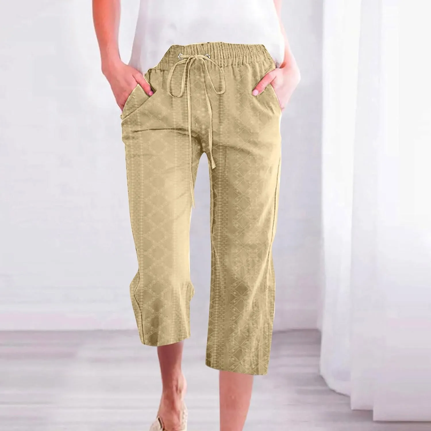 Capri Straight Leg Pants for Women Summer Drawstring Waist Casual Pant Solid Color Loose Lounge Pants with Pockets