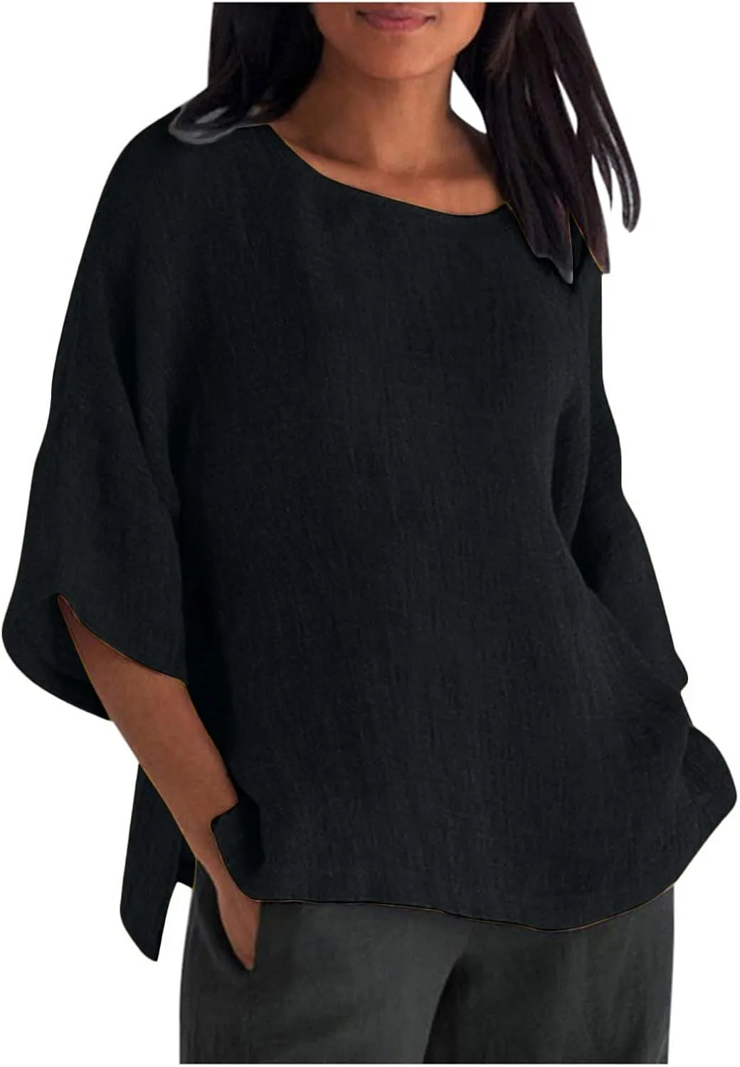 Cbcbtwo Linen Shirts for Women Solid Basic 3/4 Sleeve Tops Summer Casual Crew Neck Pullover Blouse Loose Fit Tunic Tshirt