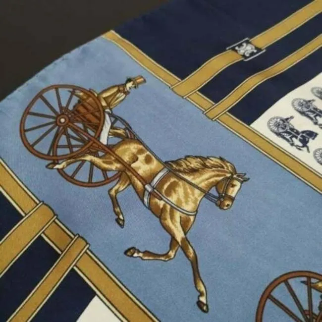 Celine Blues Browns White Equestrian Print Silk Scarf