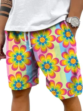 Colorful Floral Print Double Pocket Lace-Up Casual Shorts