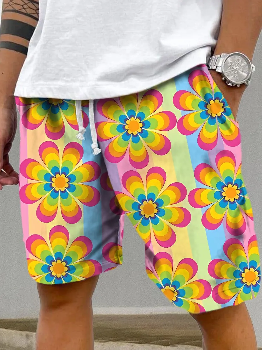 Colorful Floral Print Double Pocket Lace-Up Casual Shorts