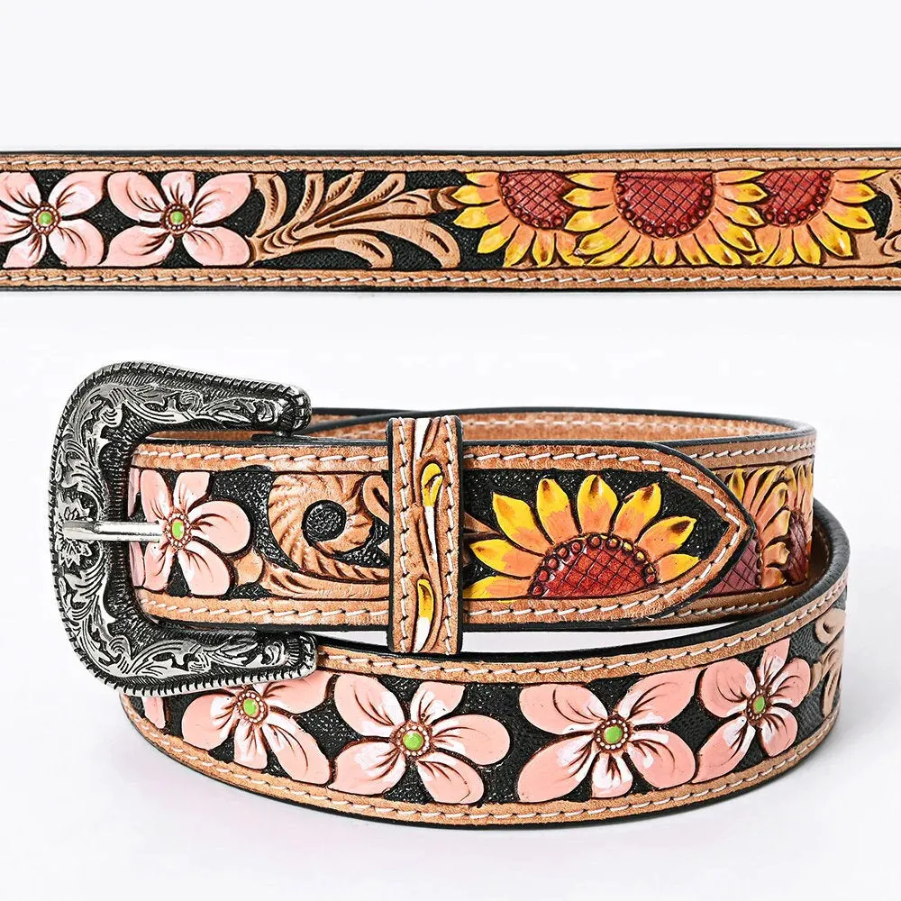 Coral Flower Hand Tooled Leather Belt