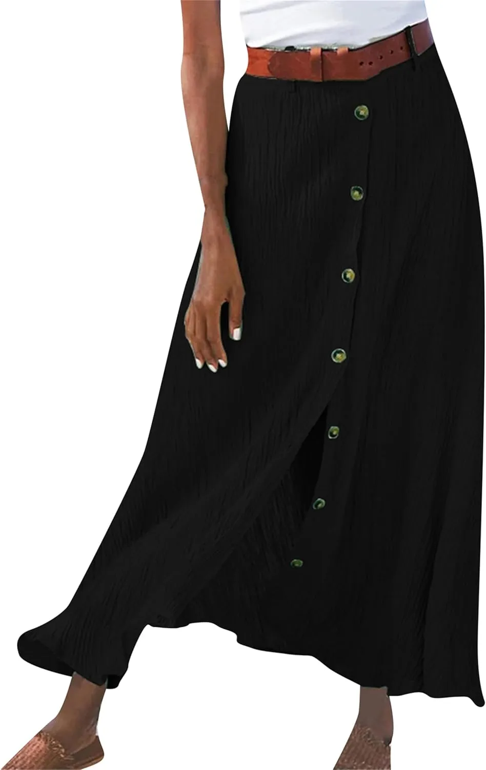DIACACY Flowy Skirts for Women High Waist Maxi Cotton Linen Skirt Fashion Trendy Button Front Skirt with Belt