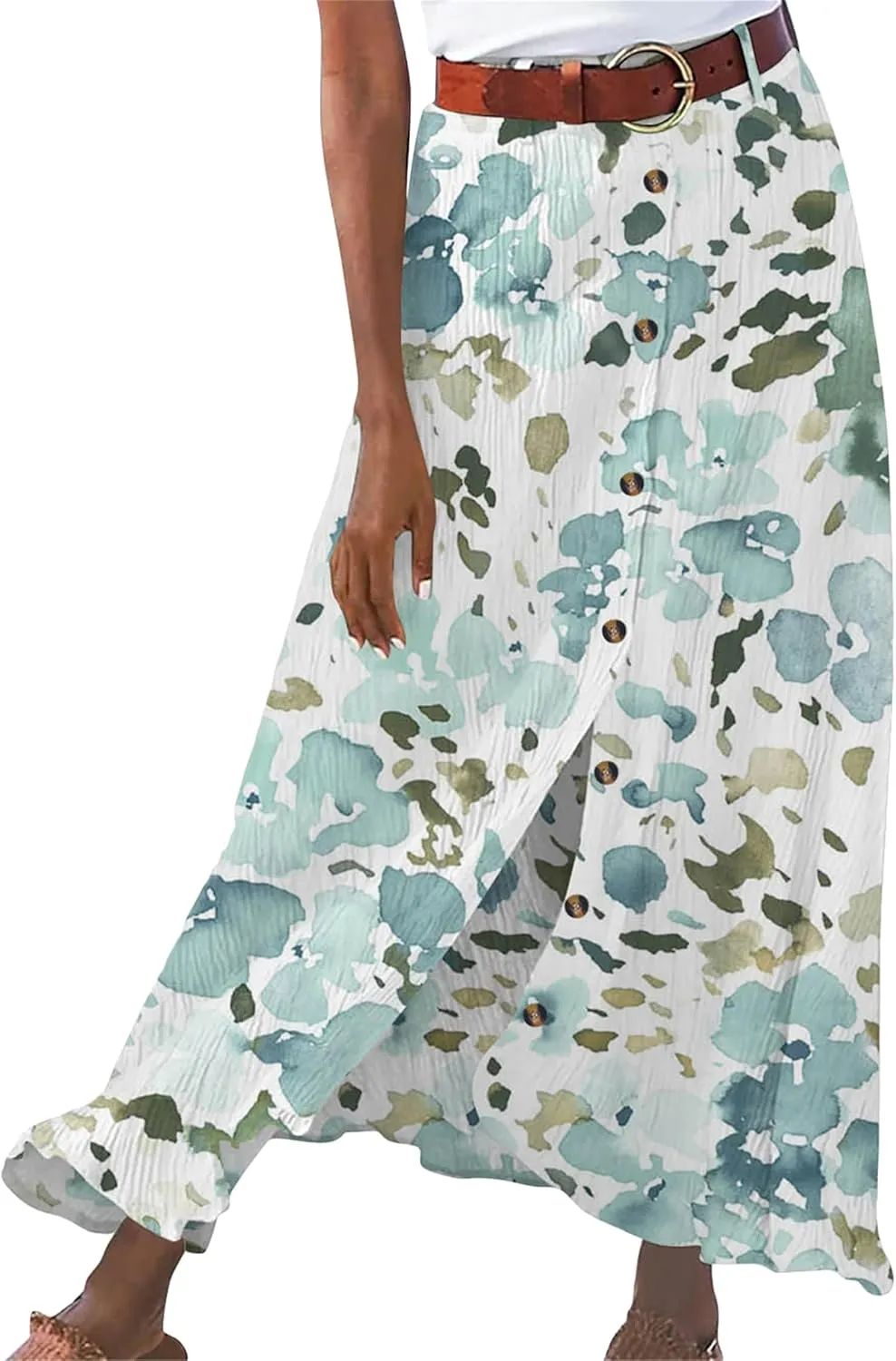 DIACACY Flowy Skirts for Women High Waist Maxi Cotton Linen Skirt Fashion Trendy Button Front Skirt with Belt