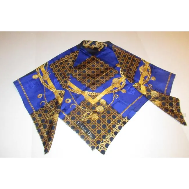 Dior Black Gold & Blue Silk XL Scarf