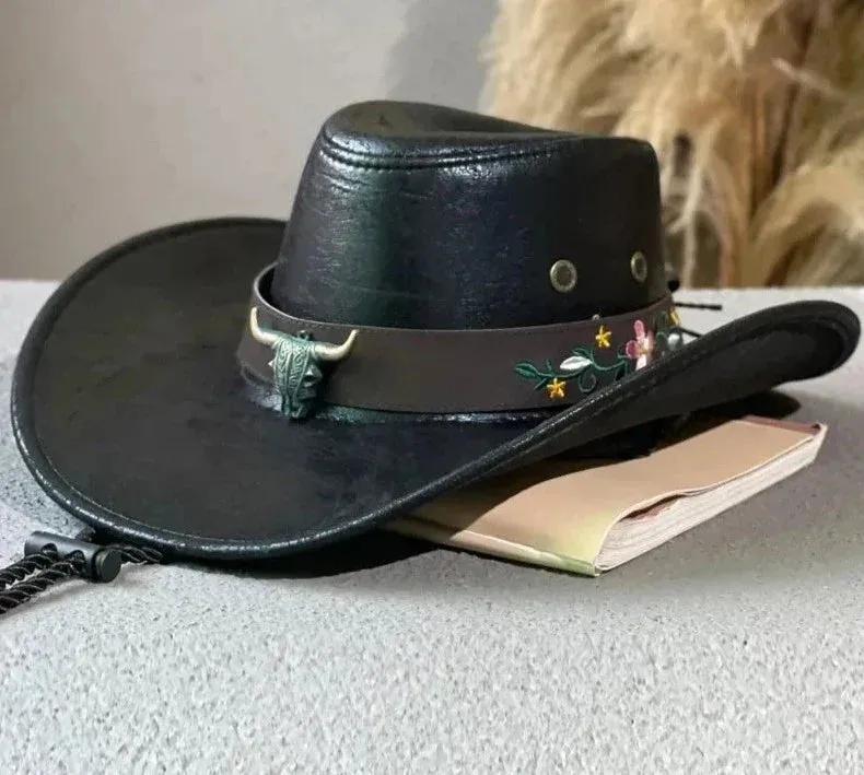 Faux Leather Western Cowboy Hat: Stylish Cow Head Decoration