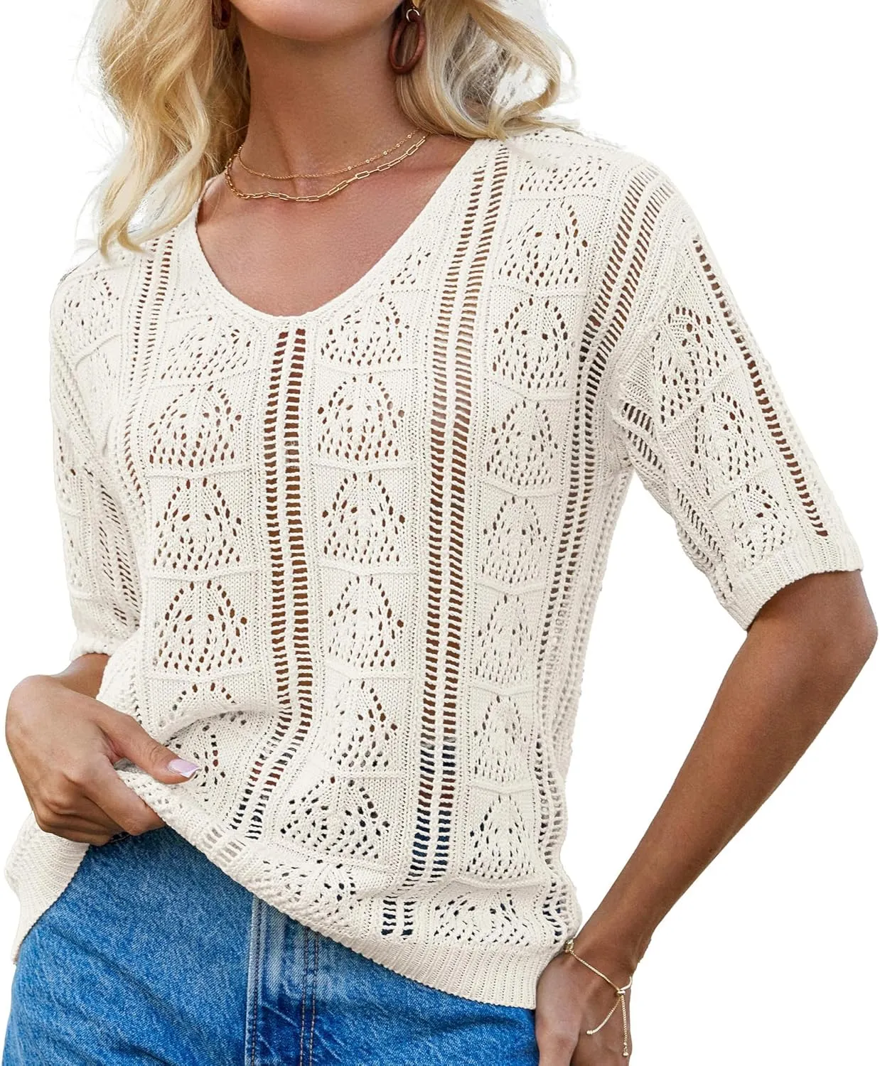 GRACE KARIN Women 2025 Summer Casual Crochet Tops Short Sleeve Sweater V Neck Hollow Out Knit Pullover Beach Coverup
