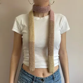 Handmade knitted colour block skinny scarf in beige and dusky pink