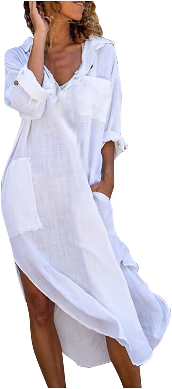Hawaiian Dresses for Women Lightweight Linen Cotton Coverup Sundresses Casual Relaxed Boho Maxi Outfits with Pockets