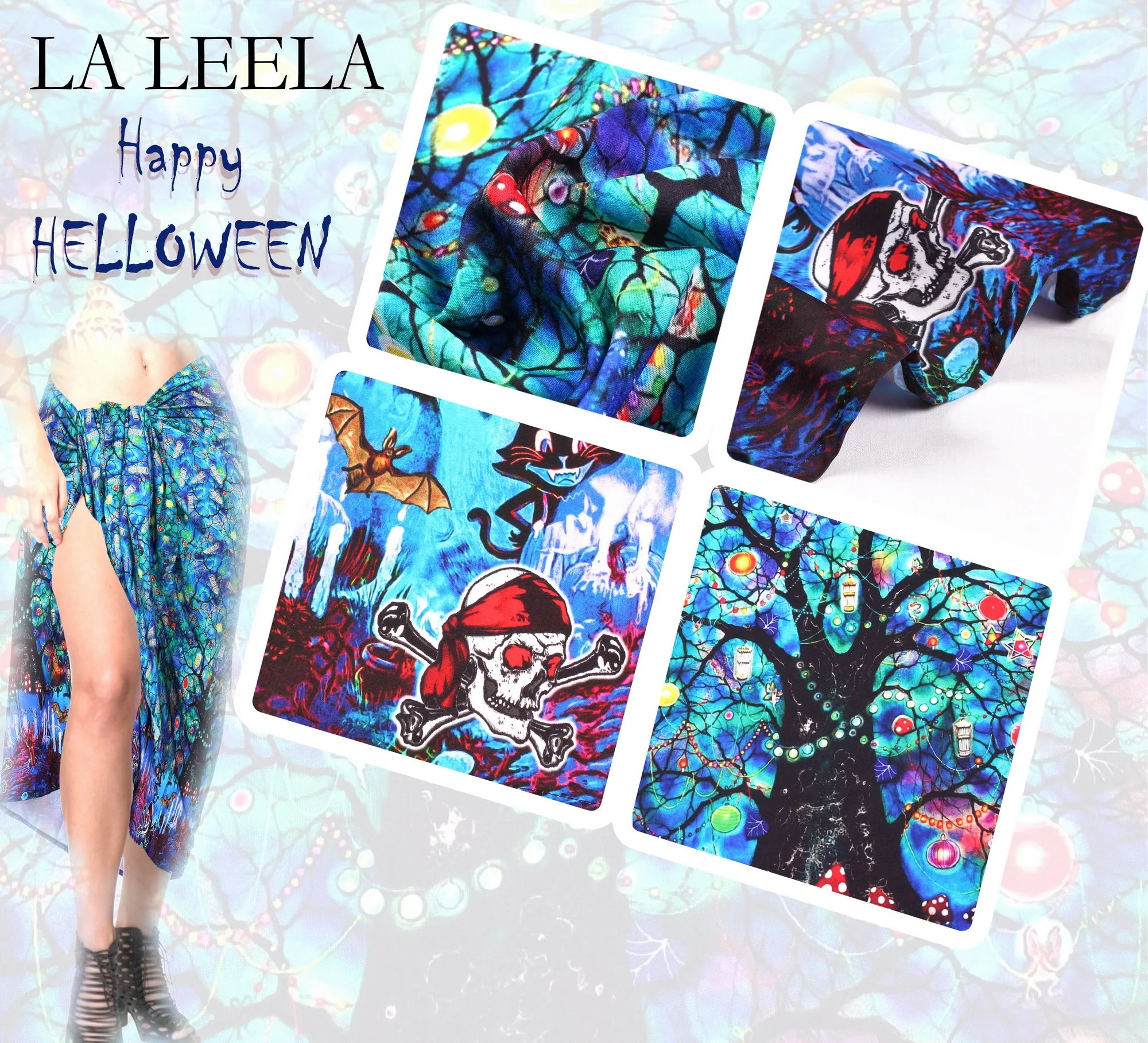 LA LEELA Rayon Women's Beach Wrap Sarong Cover Ups Swimsuit Tie Skirt Scary Halloween Bright Blue_Y894