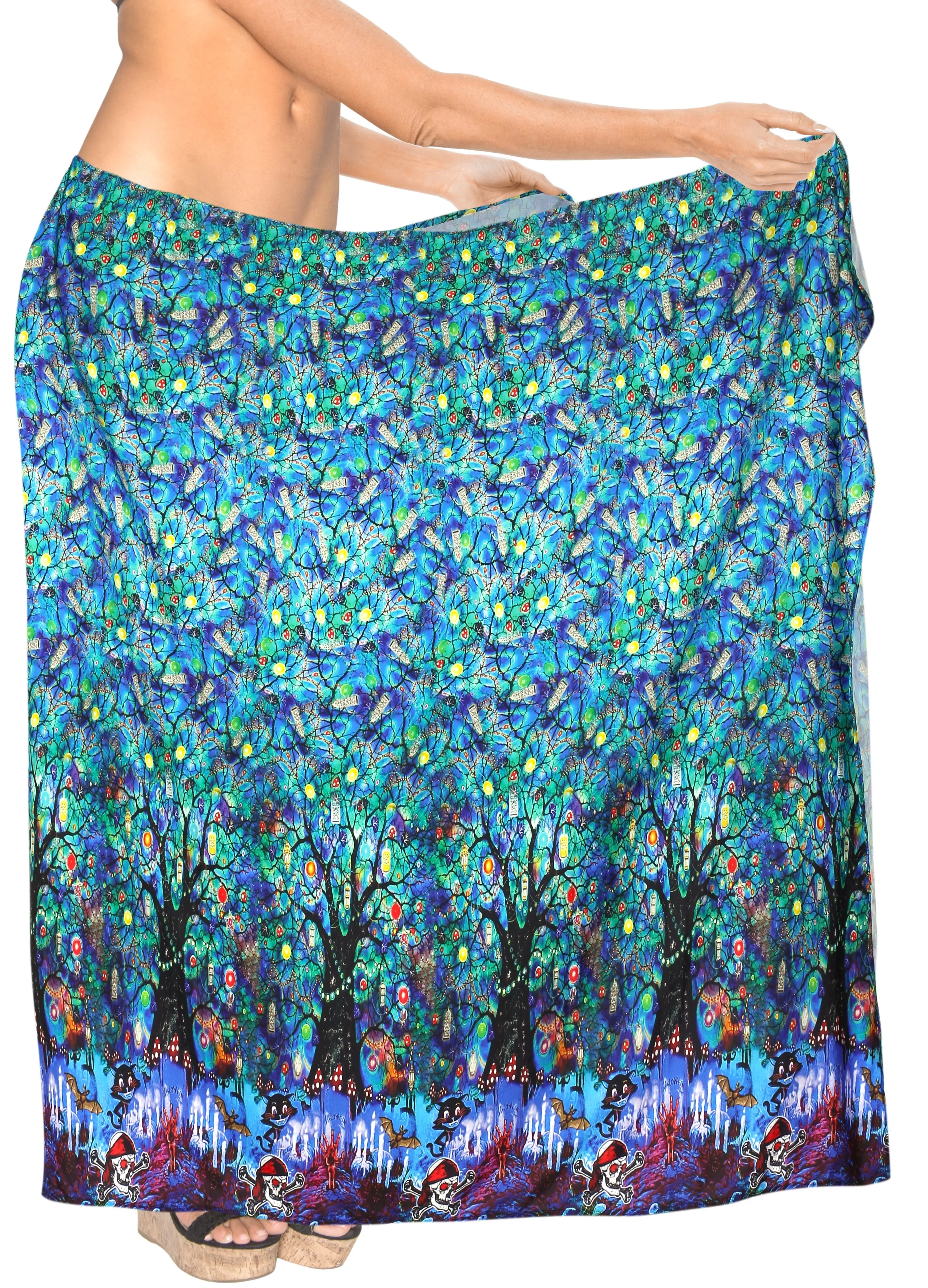 LA LEELA Rayon Women's Beach Wrap Sarong Cover Ups Swimsuit Tie Skirt Scary Halloween Bright Blue_Y894