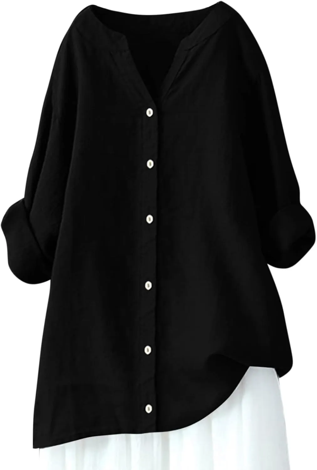 Linen Button Down Shirt Women Cap Sleeve Bell Sleeve Round Collar Work Office Shirt Blouse