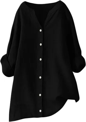 Linen Button Down Shirt Women Cap Sleeve Bell Sleeve Round Collar Work Office Shirt Blouse