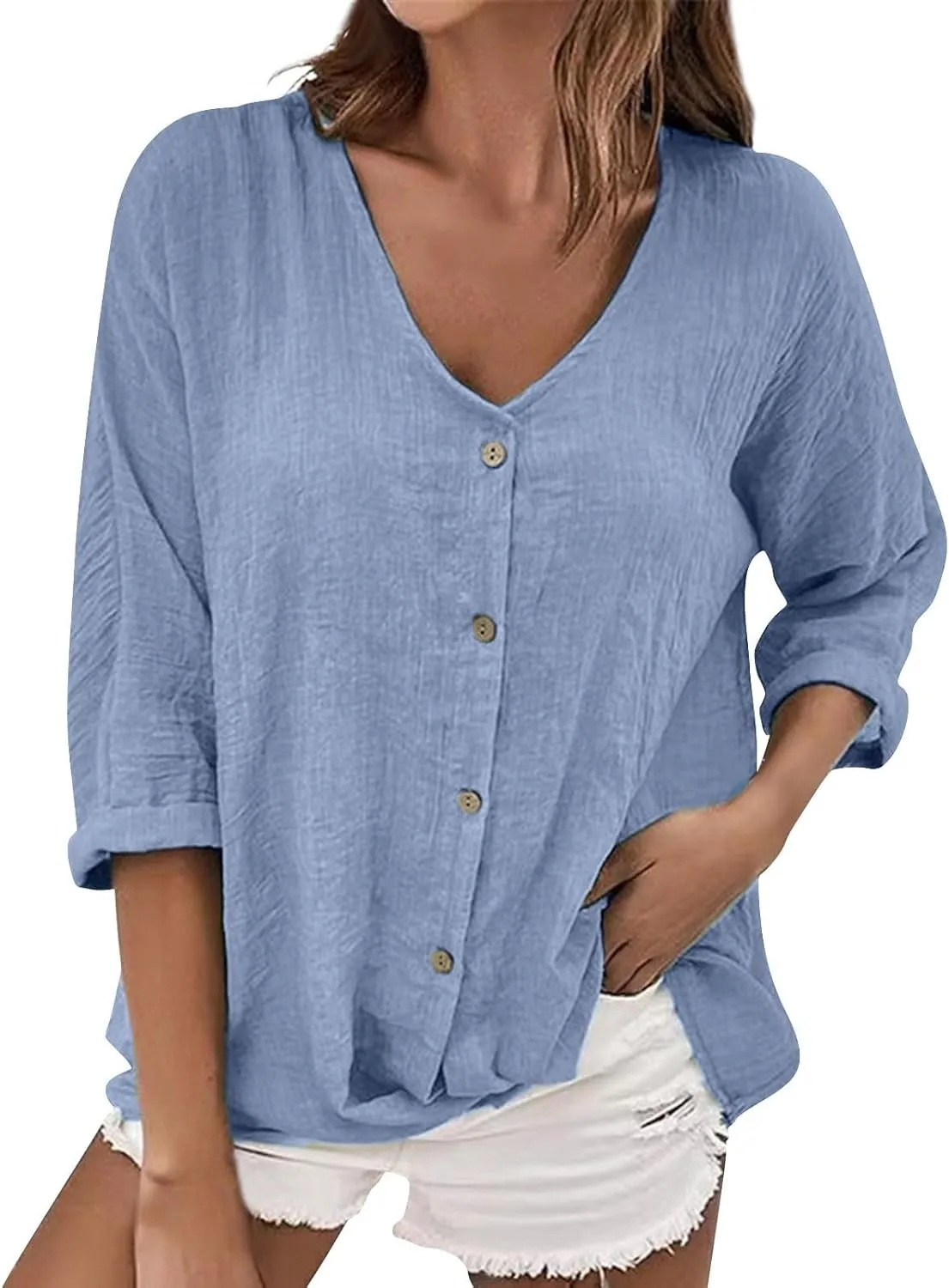 Linen Button Down Shirt Women V Neck 3/4 Sleeve Tops Summer Work Boho Plus Size Tunics Elegant Dressy Casual Blouses