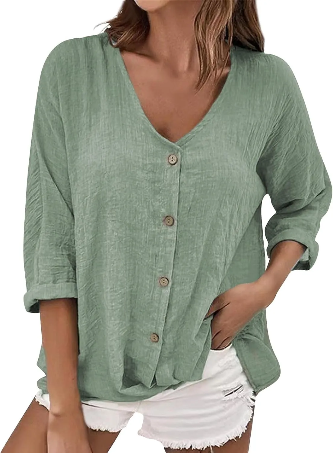Linen Button Down Shirt Women V Neck 3/4 Sleeve Tops Summer Work Boho Plus Size Tunics Elegant Dressy Casual Blouses