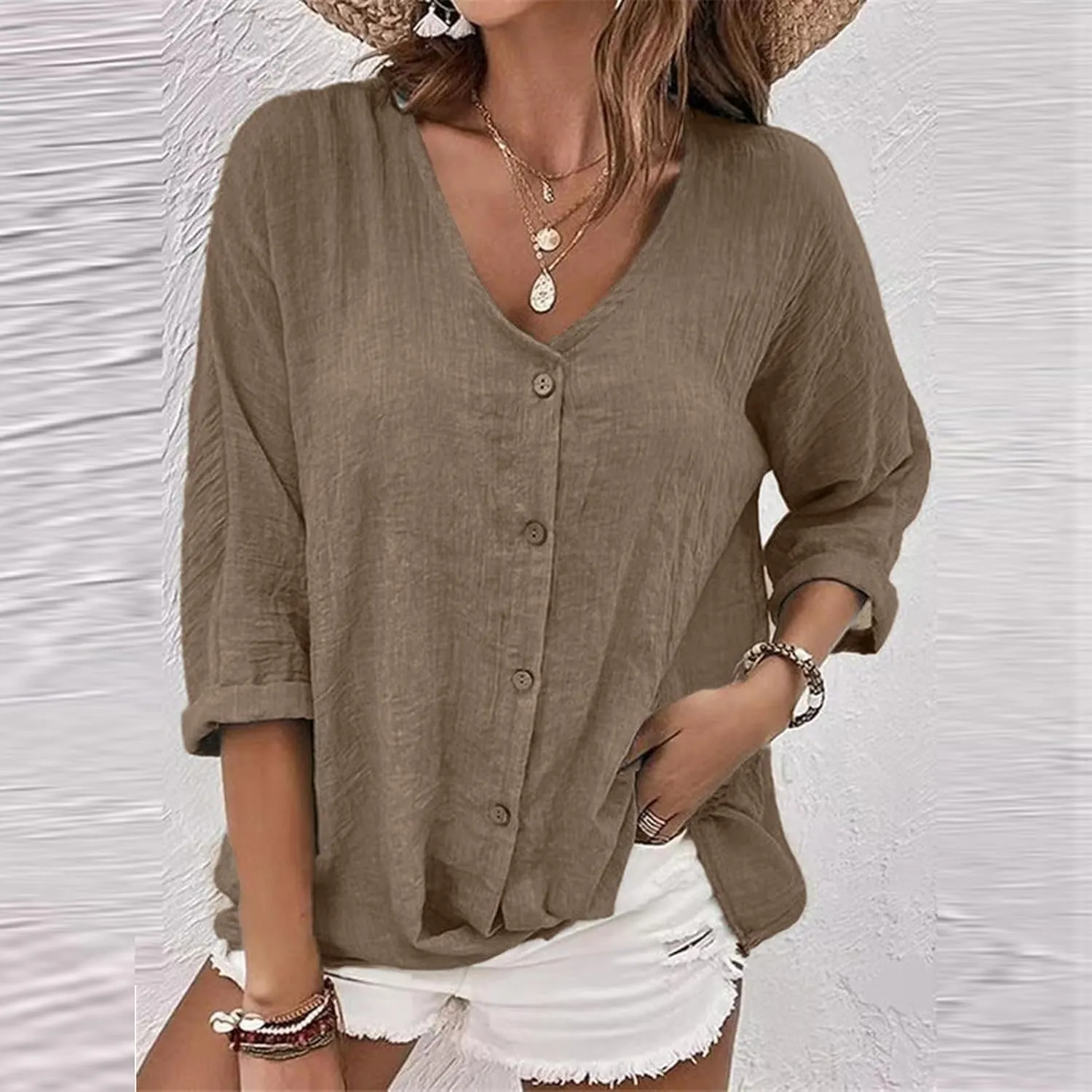 Linen Button Down Shirt Women V Neck 3/4 Sleeve Tops Summer Work Boho Plus Size Tunics Elegant Dressy Casual Blouses