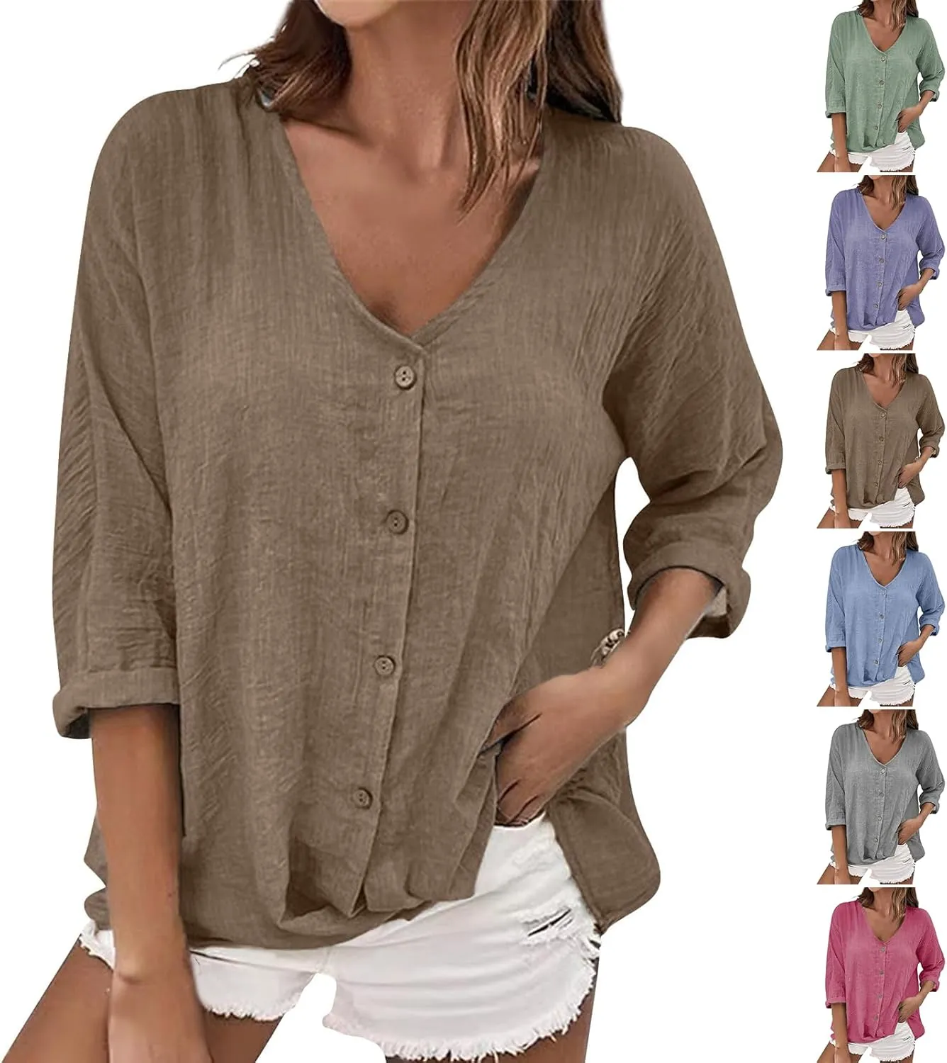 Linen Button Down Shirt Women V Neck 3/4 Sleeve Tops Summer Work Boho Plus Size Tunics Elegant Dressy Casual Blouses