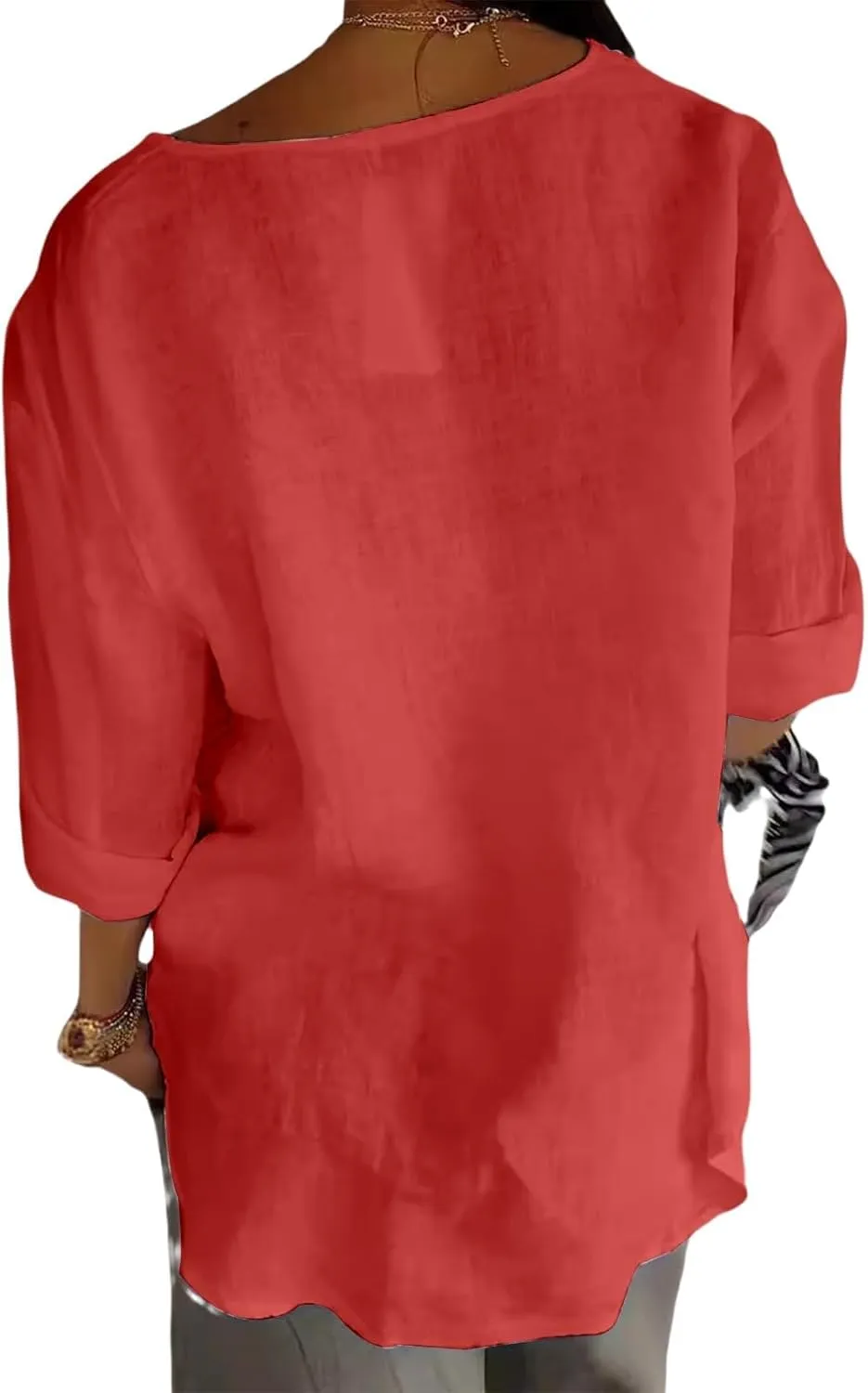 Linen Shirts for Women Button Down V Neck Solid Color 3/4 Sleeves Tops Casual Loose Fit 2025 Summer Fashion Blouses