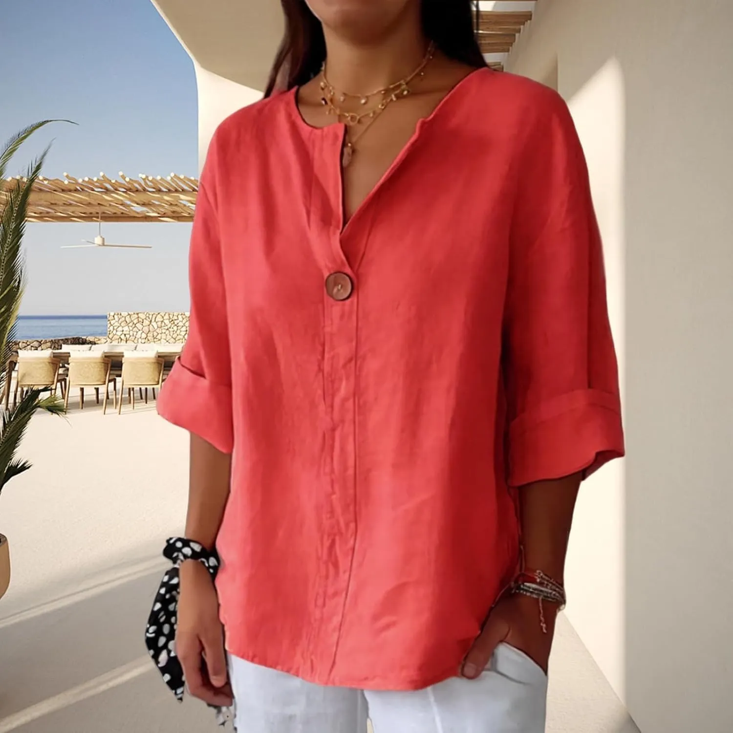 Linen Shirts for Women Button Down V Neck Solid Color 3/4 Sleeves Tops Casual Loose Fit 2025 Summer Fashion Blouses