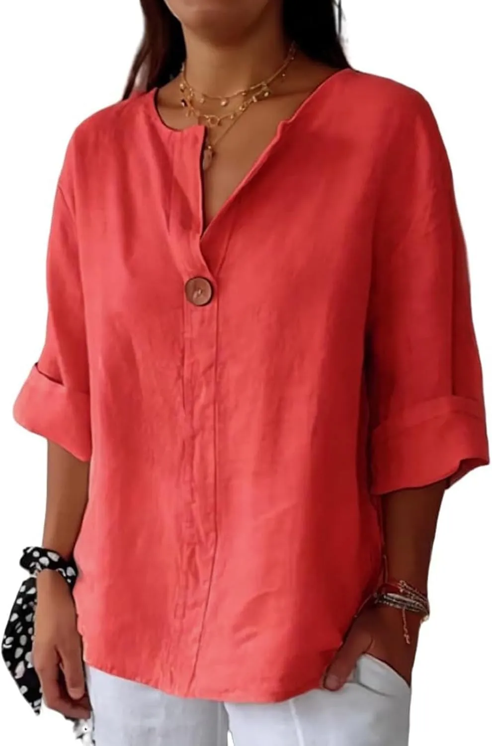 Linen Shirts for Women Button Down V Neck Solid Color 3/4 Sleeves Tops Casual Loose Fit 2025 Summer Fashion Blouses