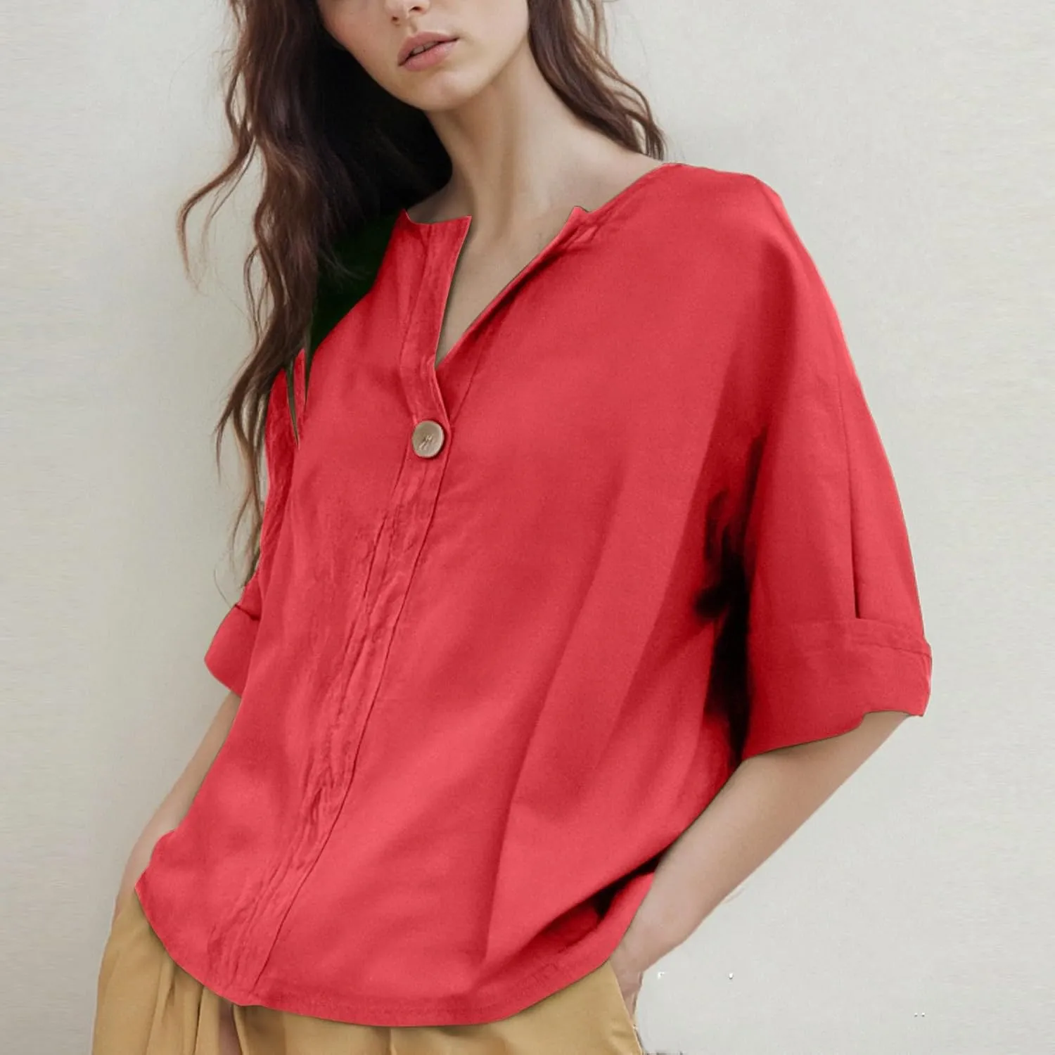 Linen Shirts for Women Button Down V Neck Solid Color 3/4 Sleeves Tops Casual Loose Fit 2025 Summer Fashion Blouses
