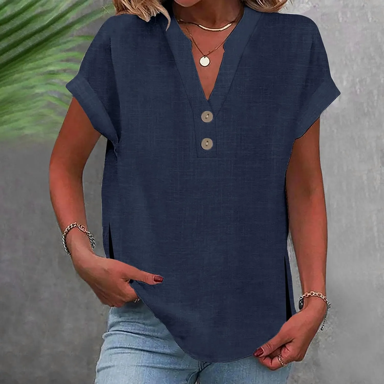 Linen T Shirts for Women Button Tops V Neck Summer Short Sleeve Dressy Blouse Loose Casual Basic Vacation