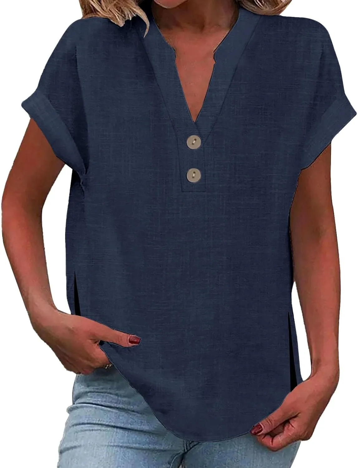 Linen T Shirts for Women Button Tops V Neck Summer Short Sleeve Dressy Blouse Loose Casual Basic Vacation