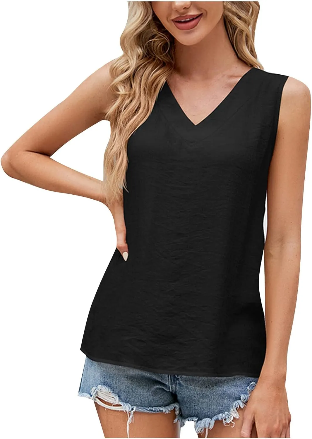 Linen V Neck Tops for Women Summer 2025 Solid Color Flowy Shirt Tank Sleeveless Casual Outdoor Beach Fashion Tank Top