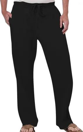 Men's Drawstring Linen Pants Beach Casual Elastic Waist Stylish Yoga Pants Summer Comfort Loose Trousers with Pockets