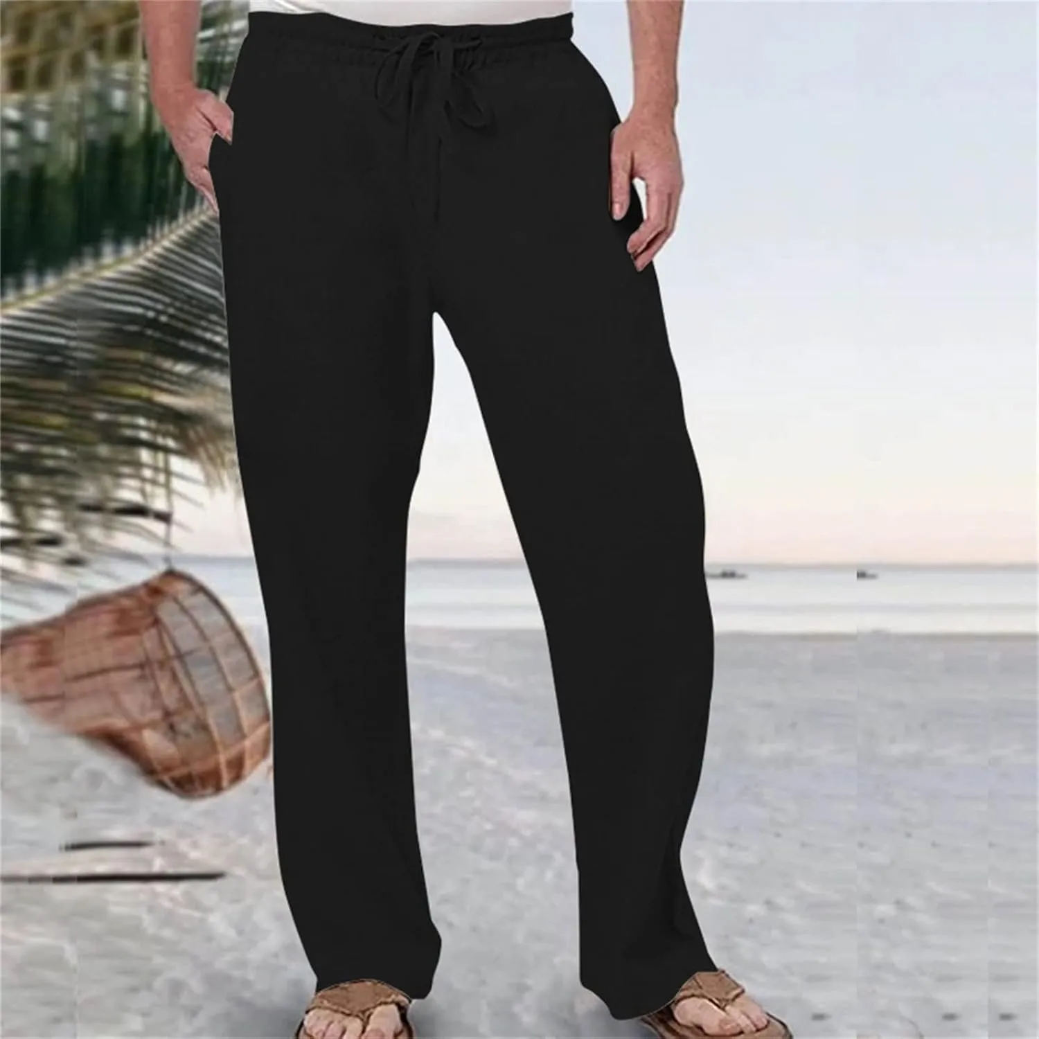 Men's Drawstring Linen Pants Beach Casual Elastic Waist Stylish Yoga Pants Summer Comfort Loose Trousers with Pockets