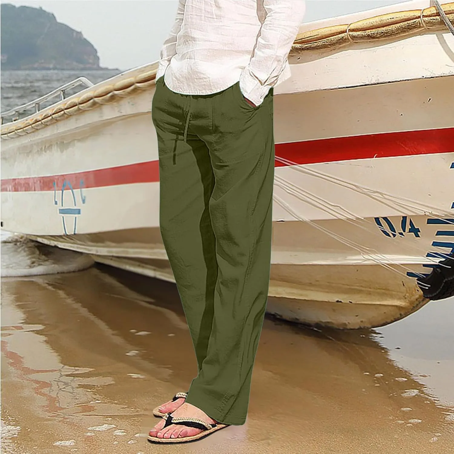 Men's Drawstring Linen Pants Casual Summer Holiday Yoga Pants Elastic Waist Comfy Vacation Soft Trousers with Pockets
