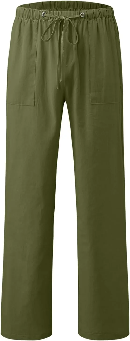 Men's Drawstring Linen Pants Casual Summer Holiday Yoga Pants Elastic Waist Comfy Vacation Soft Trousers with Pockets