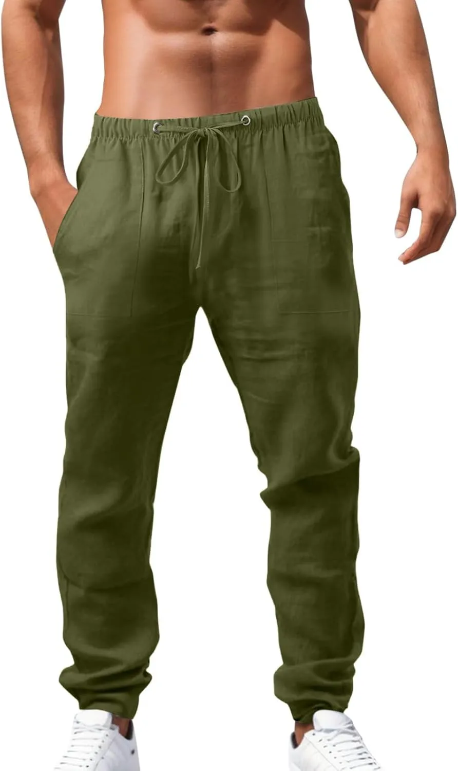 Men's Drawstring Linen Pants Casual Summer Holiday Yoga Pants Elastic Waist Comfy Vacation Soft Trousers with Pockets