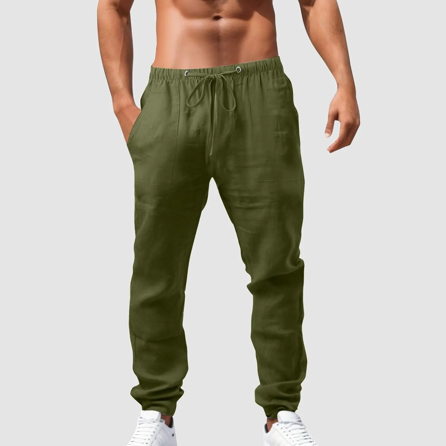 Men's Drawstring Linen Pants Casual Summer Holiday Yoga Pants Elastic Waist Comfy Vacation Soft Trousers with Pockets