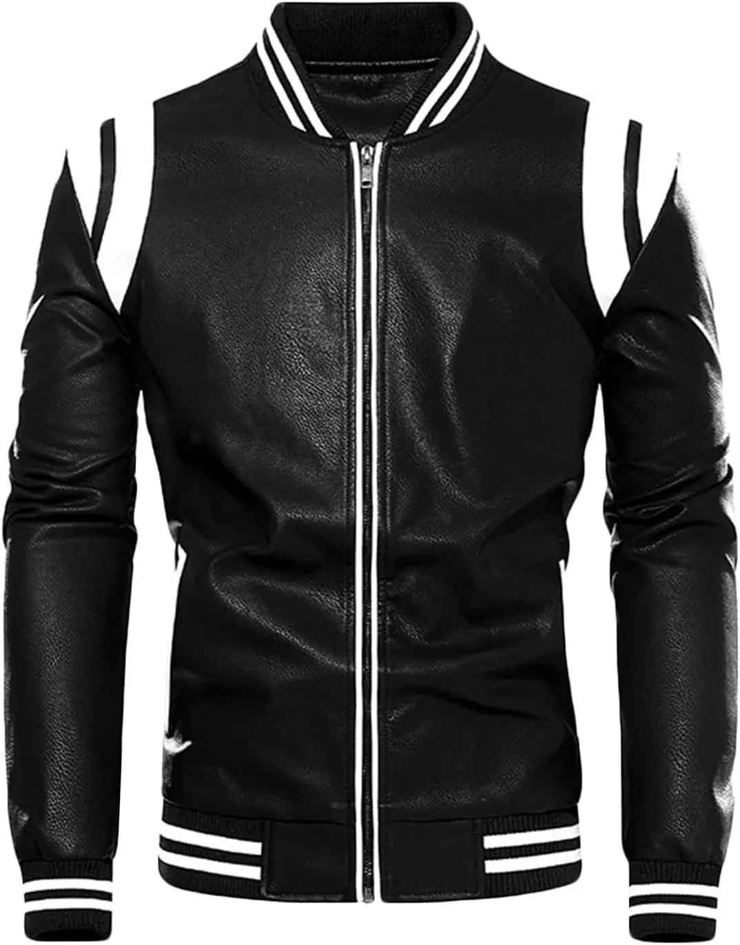 Mens Motorcycle Jacket Full Zip Stand Collar Leather Jacket Spring Fall Trendy Color Block Motor Biker Winter Jackets