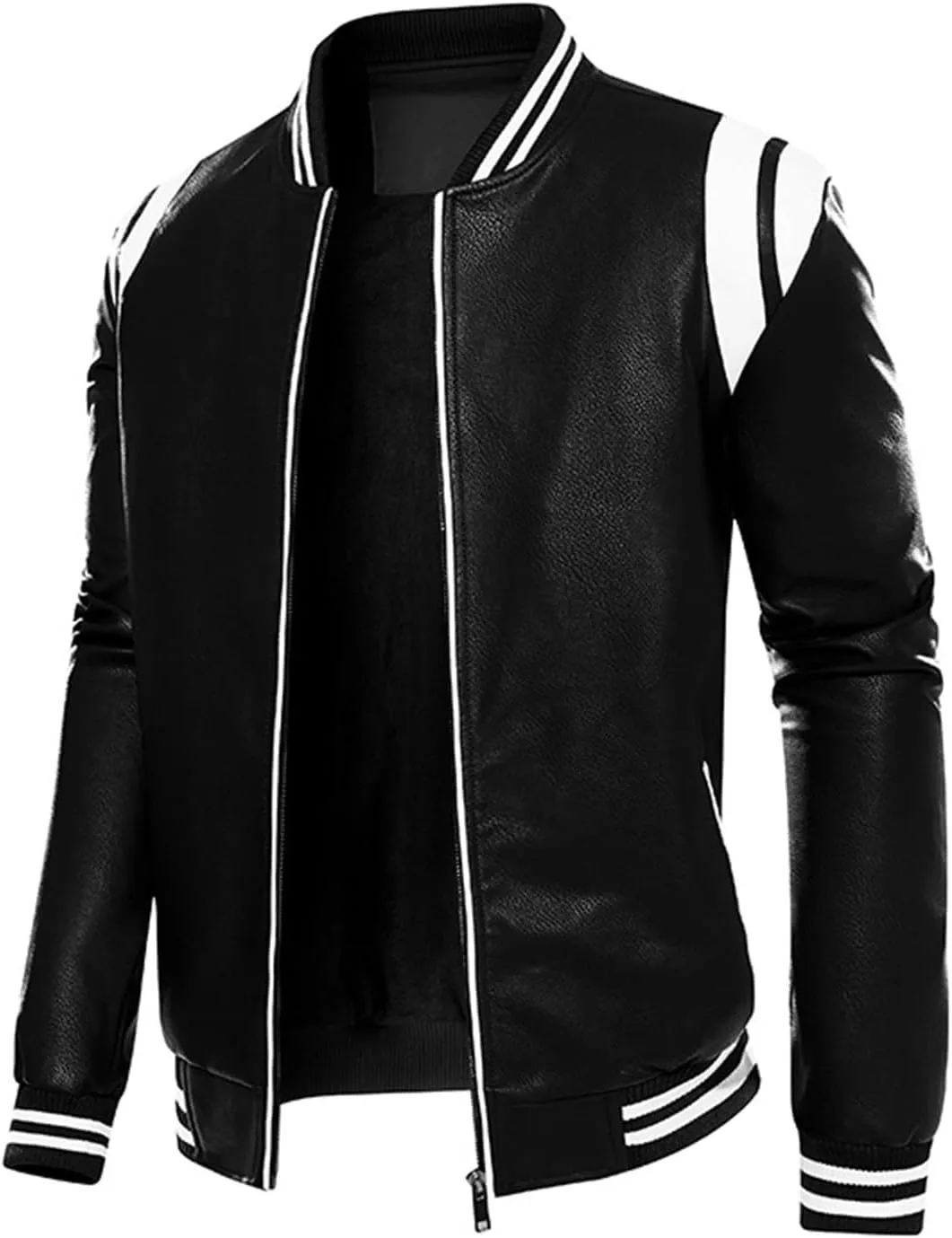 Mens Motorcycle Jacket Full Zip Stand Collar Leather Jacket Spring Fall Trendy Color Block Motor Biker Winter Jackets