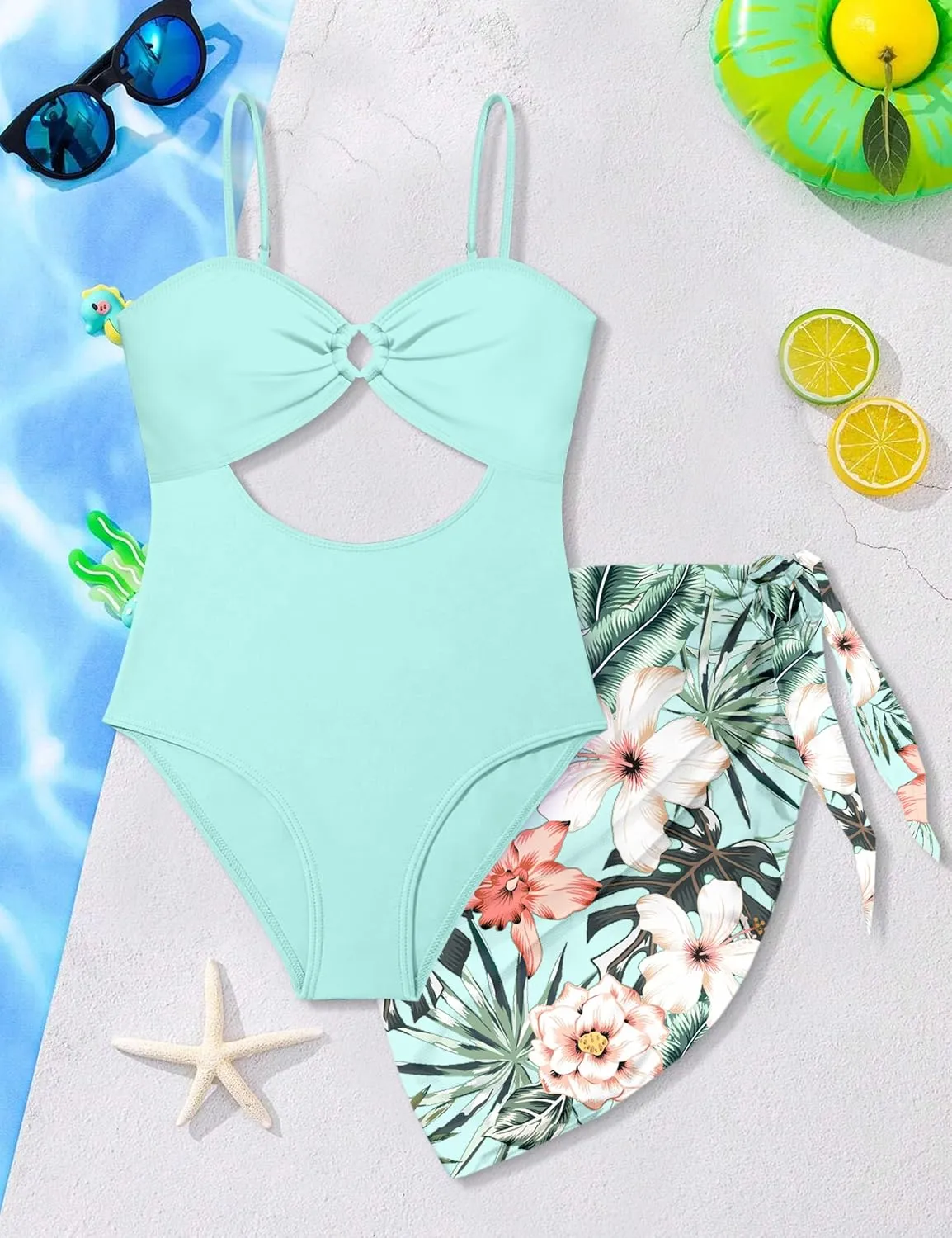 MIGU Girls One Piece Swimsuits Adjustable Straps Cutout Bathing Suit with Tropical Print Cover Up for Swimwear