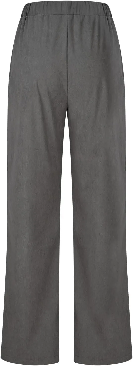 NATHGAM Corduroy Pants Womens Elastic High Waisted Pants Baggy Stretchy Straight Leg Pants Solid Comfy Trousers with Pockets