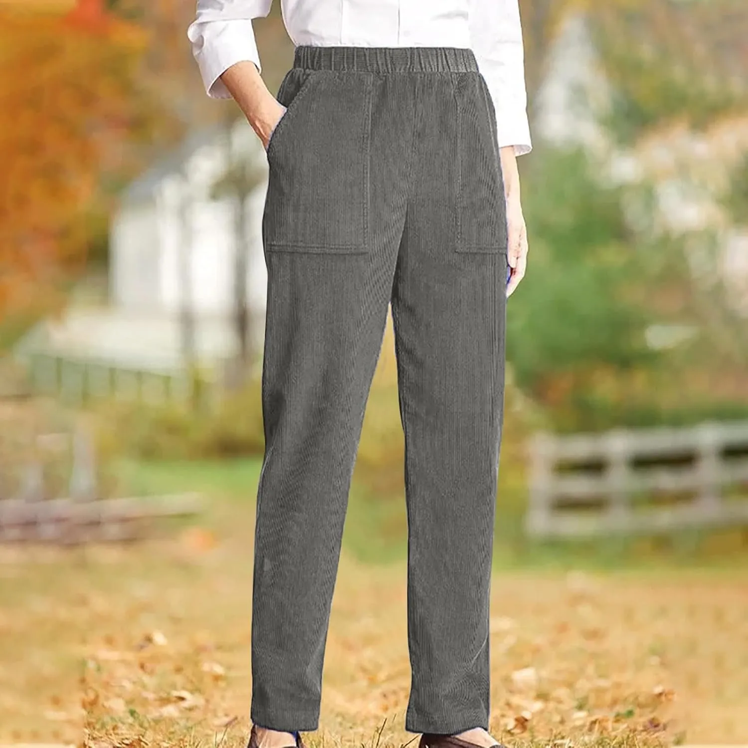 NATHGAM Corduroy Pants Womens Elastic High Waisted Pants Baggy Stretchy Straight Leg Pants Solid Comfy Trousers with Pockets
