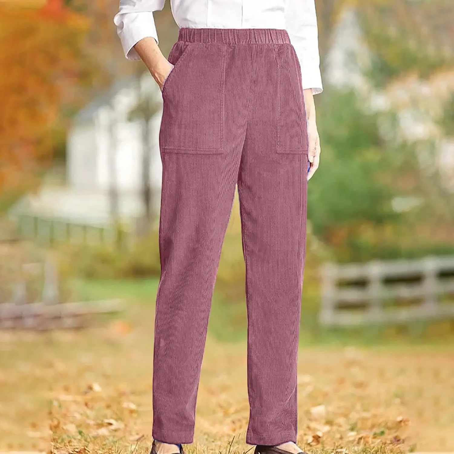 NATHGAM Corduroy Pants Womens Elastic High Waisted Pants Baggy Stretchy Straight Leg Pants Solid Comfy Trousers with Pockets