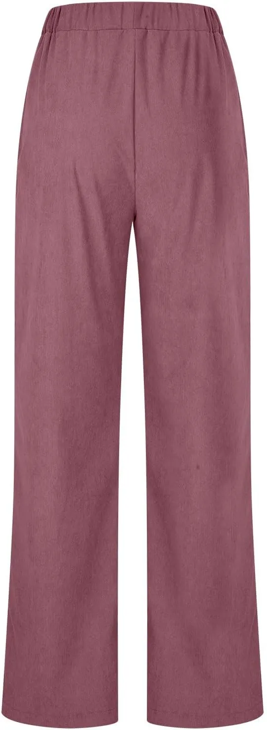 NATHGAM Corduroy Pants Womens Elastic High Waisted Pants Baggy Stretchy Straight Leg Pants Solid Comfy Trousers with Pockets