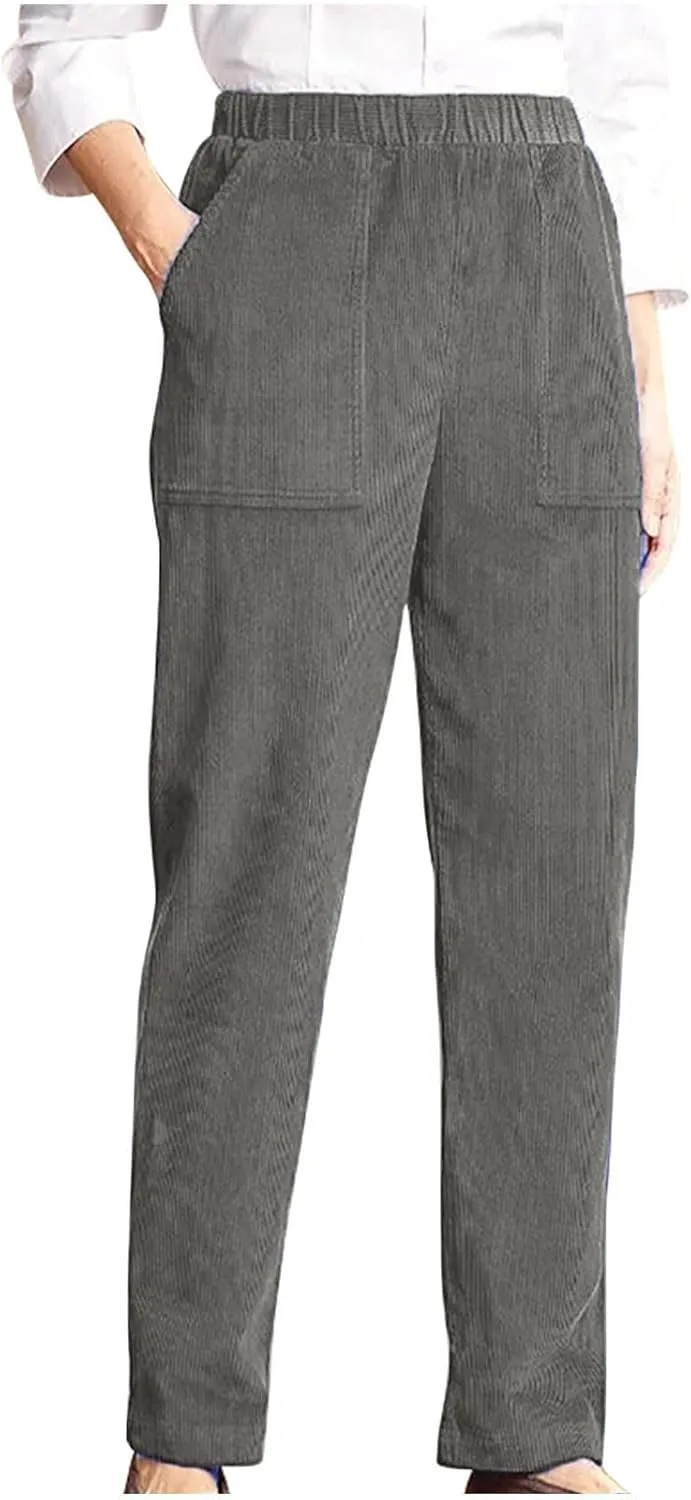 NATHGAM Corduroy Pants Womens Elastic High Waisted Pants Baggy Stretchy Straight Leg Pants Solid Comfy Trousers with Pockets
