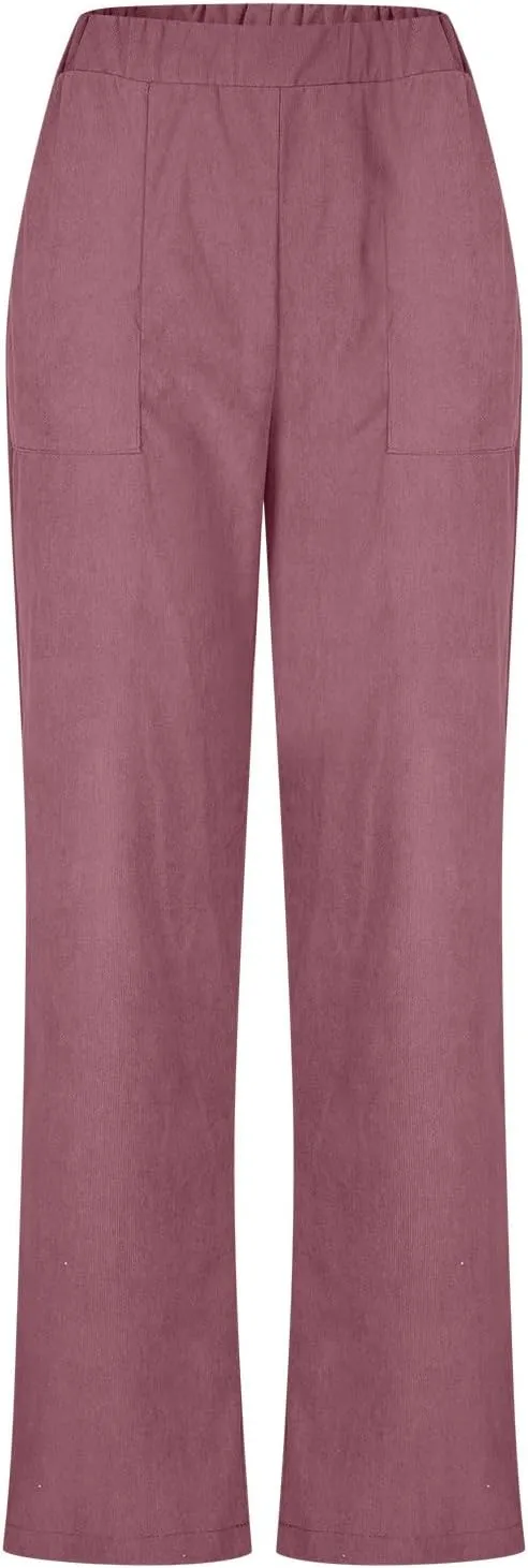 NATHGAM Corduroy Pants Womens Elastic High Waisted Pants Baggy Stretchy Straight Leg Pants Solid Comfy Trousers with Pockets