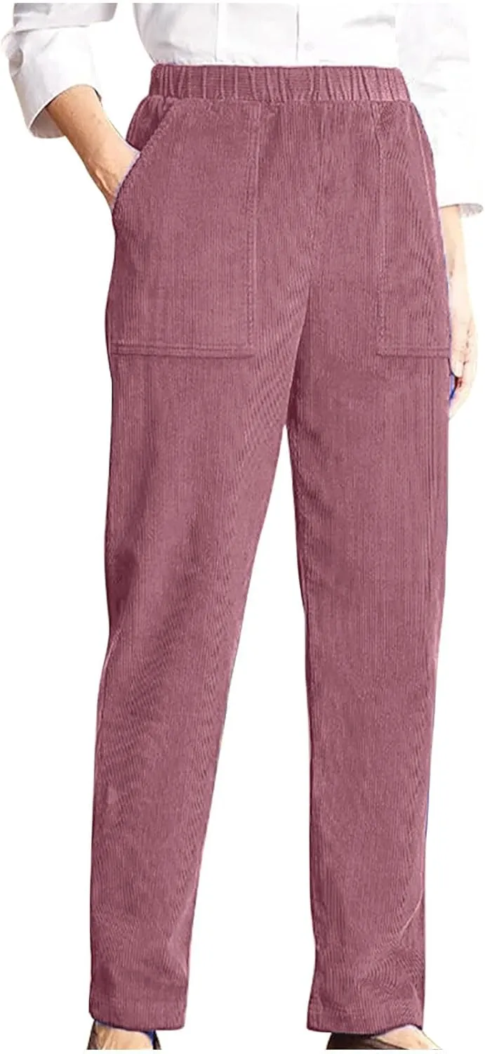 NATHGAM Corduroy Pants Womens Elastic High Waisted Pants Baggy Stretchy Straight Leg Pants Solid Comfy Trousers with Pockets