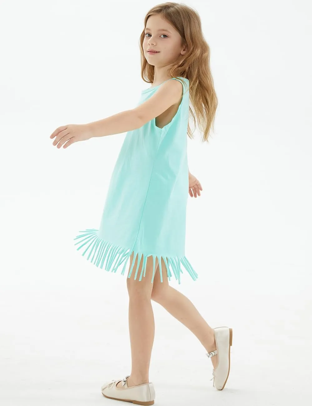 Noomelfish Girls Sleeveless Fringe Dress Cotton Summer Casual Sundress (3-12 Years)